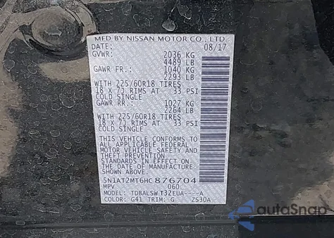 2017 Nissan Rogue Sl z USA, uszkodzony, nr VIN 5N1AT2MT6HC876704